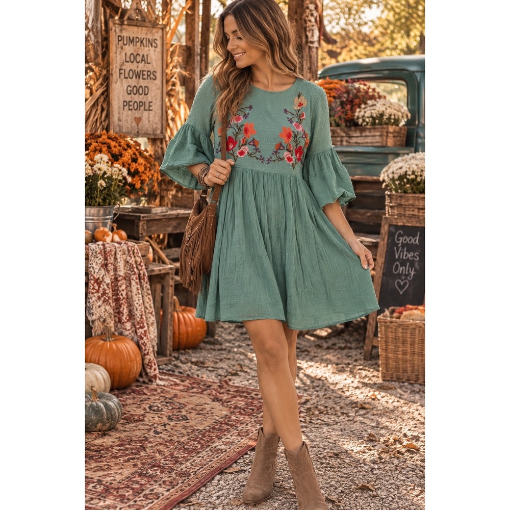 Umgee Embroidered Boho Mini Dress Sage Green Bell Sleeve Babydoll S
